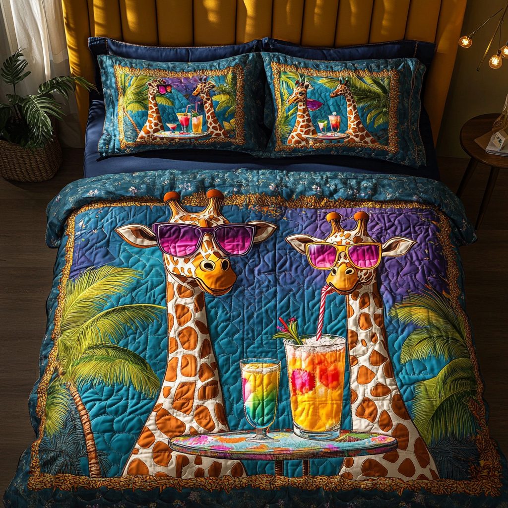 Giraffe Dream quilted 3-piece bedding set on a made bed with two matching pillow shams