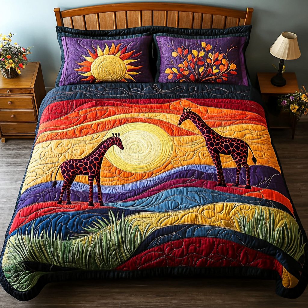 Giraffe Journey quilted 3-piece bedding set on a made bed with two matching pillow shams