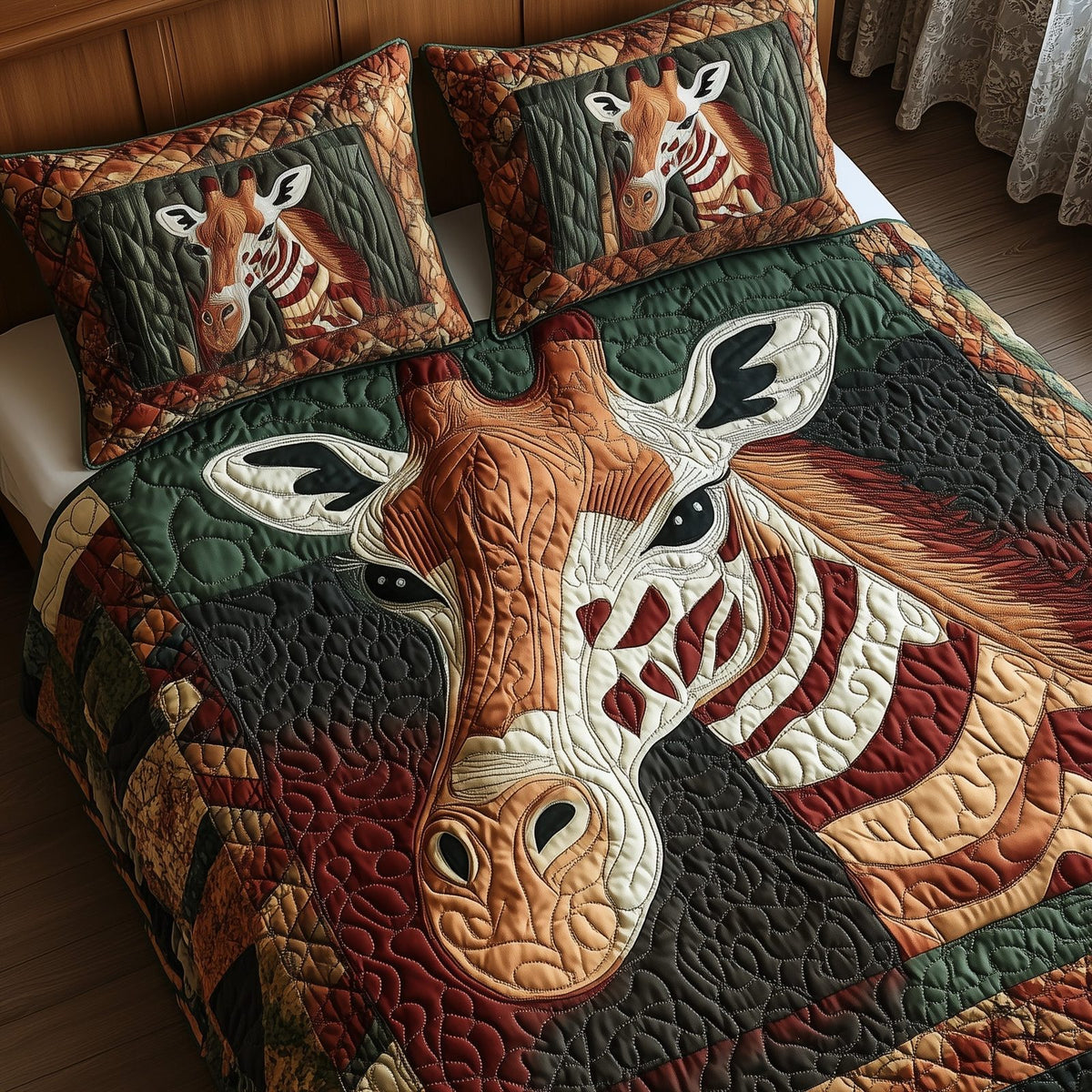 Giraffe quilted 3-piece bedding set on a made bed with two matching pillow shams