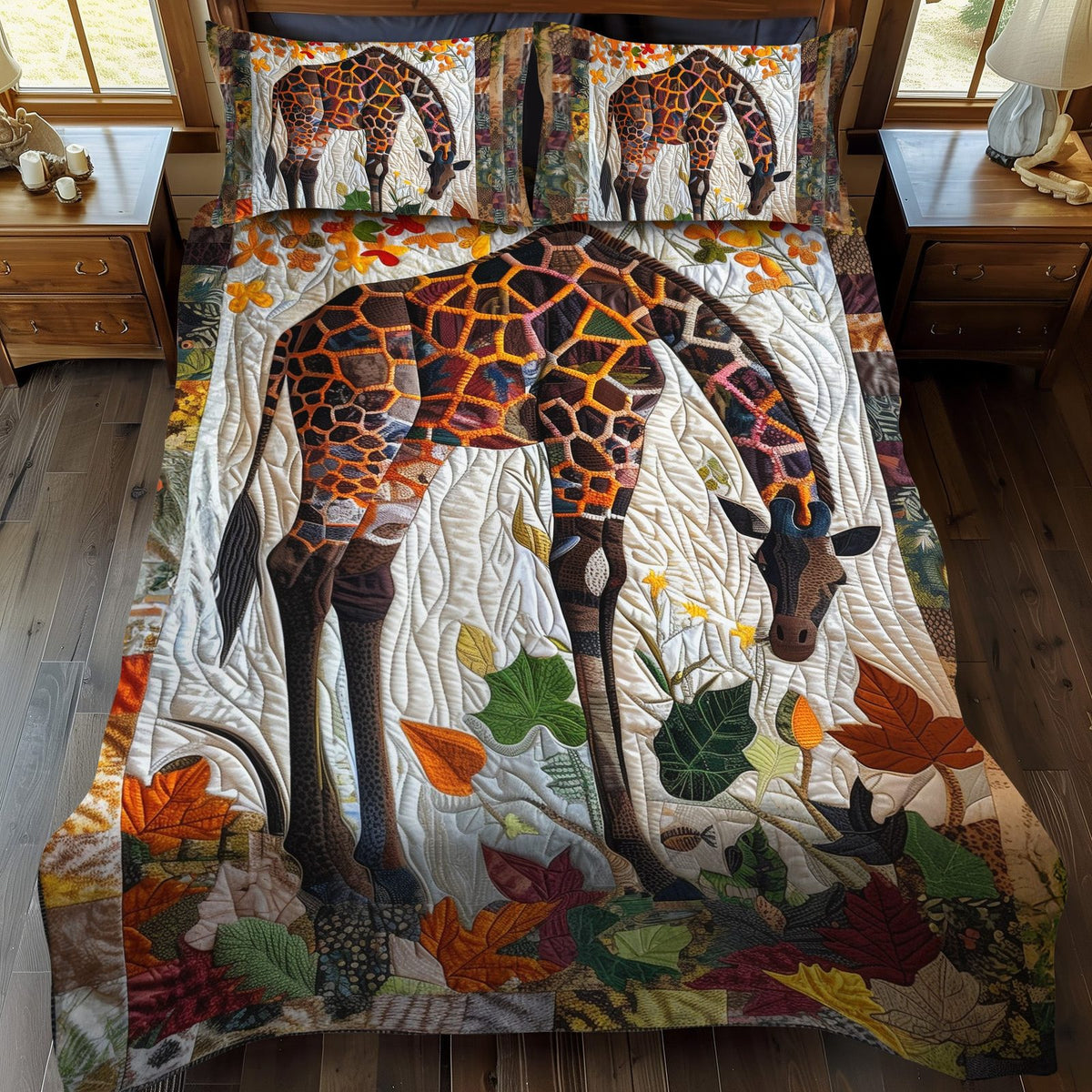 Giraffe Wilderness quilted 3-piece bedding set on a made bed with two matching pillow shams