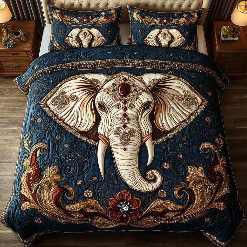 Glamorous Elephant quilted 3-piece bedding set on a made bed with two matching pillow shams