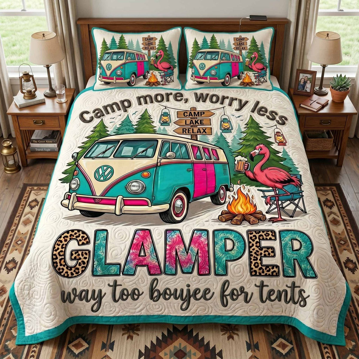 Glamper Bus quilted 3-piece bedding set on a made bed with two matching pillow shams