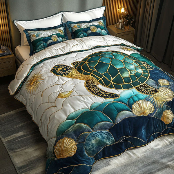 Gliding Through Waves quilted 3-piece bedding set on a made bed in a light coastal bedroom