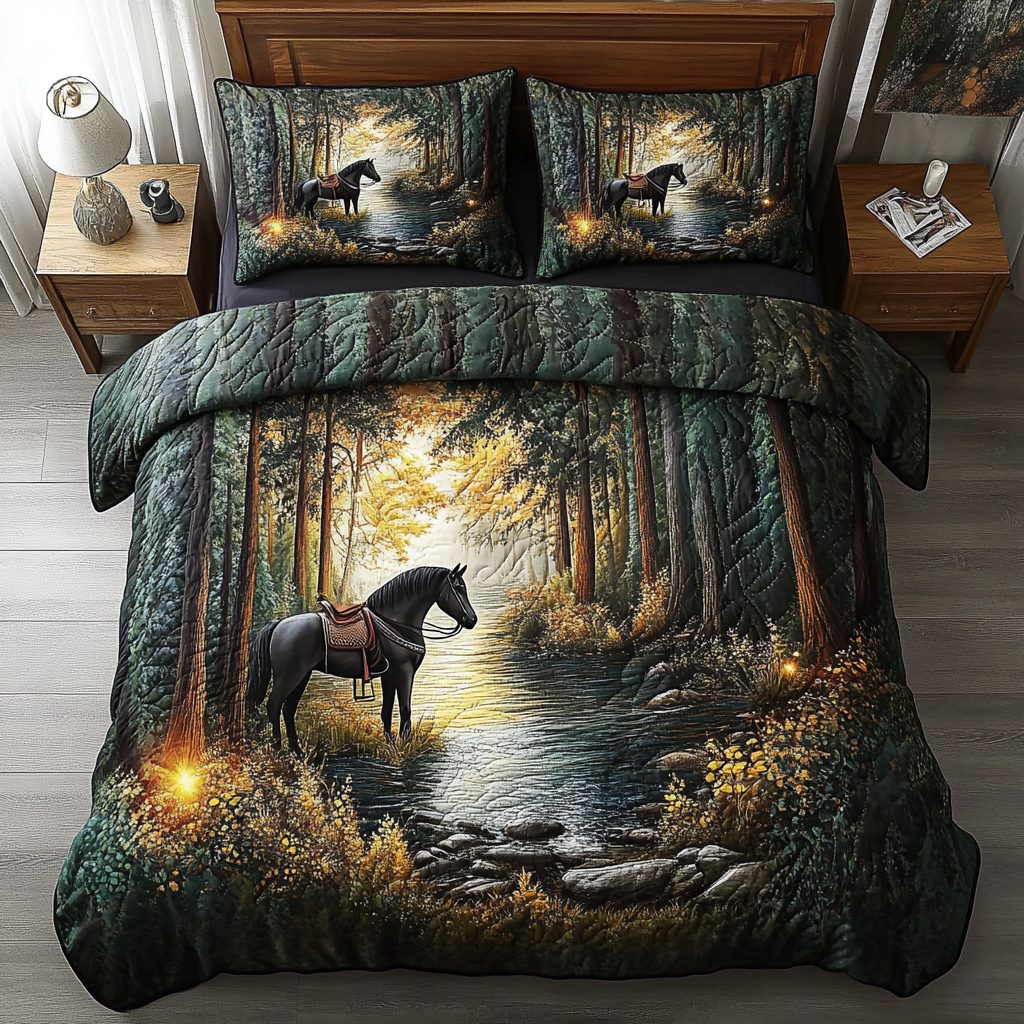 Glimmering Pine quilted 3-piece bedding set on a made bed with two matching pillow shams