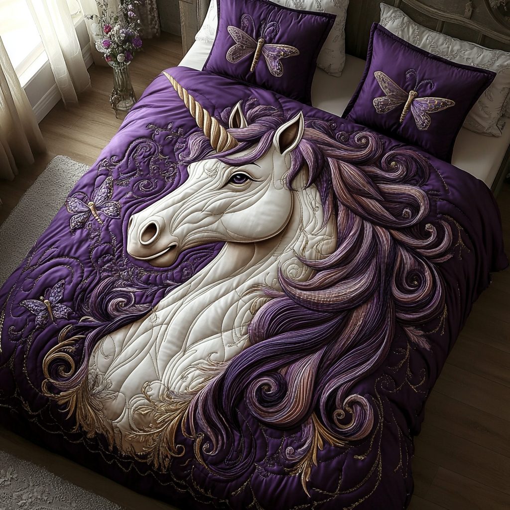 Glitter Grove quilted 3-piece bedding set on a made bed with two matching pillow shams