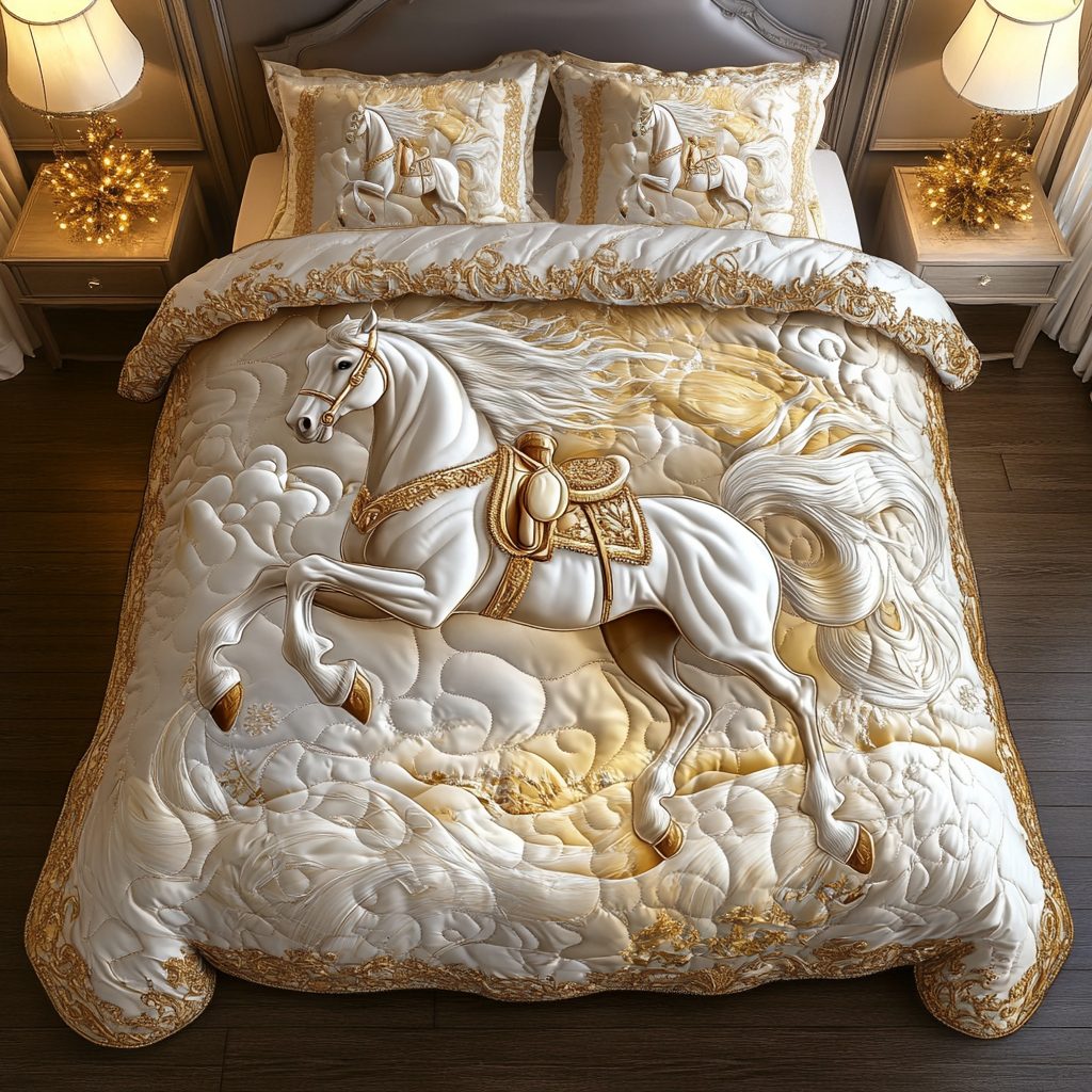 Glorious Gallop quilted 3-piece bedding set on a made bed with two matching pillow shams