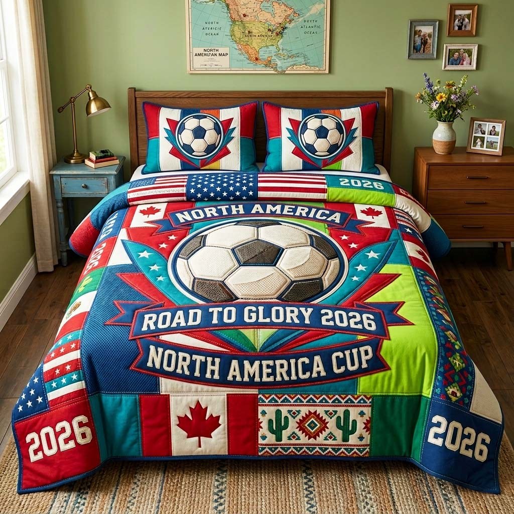 Glory Ball quilted 3-piece bedding set on a made bed with two matching pillow shams