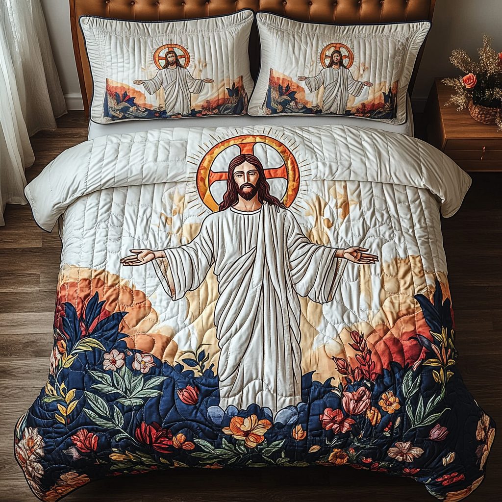 Glory Bloom quilted 3-piece bedding set on a made bed with two matching pillow shams