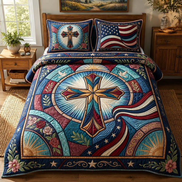 Glory Cross quilted 3-piece bedding set on a made bed in a softly lit bedroom
