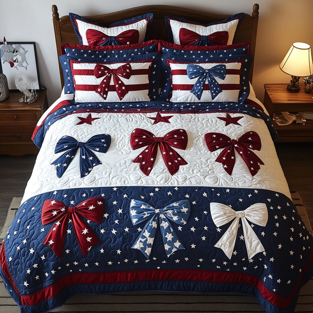 Glory Wrap quilted 3-piece bedding set on a made bed with two matching pillow shams