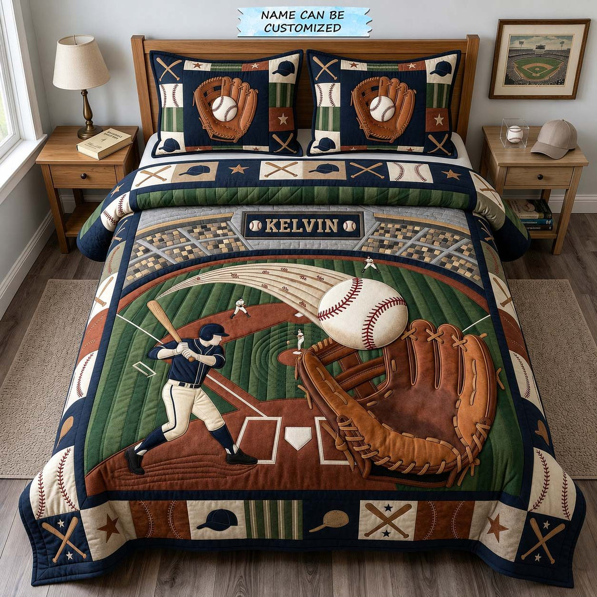 Glove And Glory 3-Piece Quilted Bedding Set QTCUZ quilted 3-piece bedding set on a made bed with two matching pillow shams