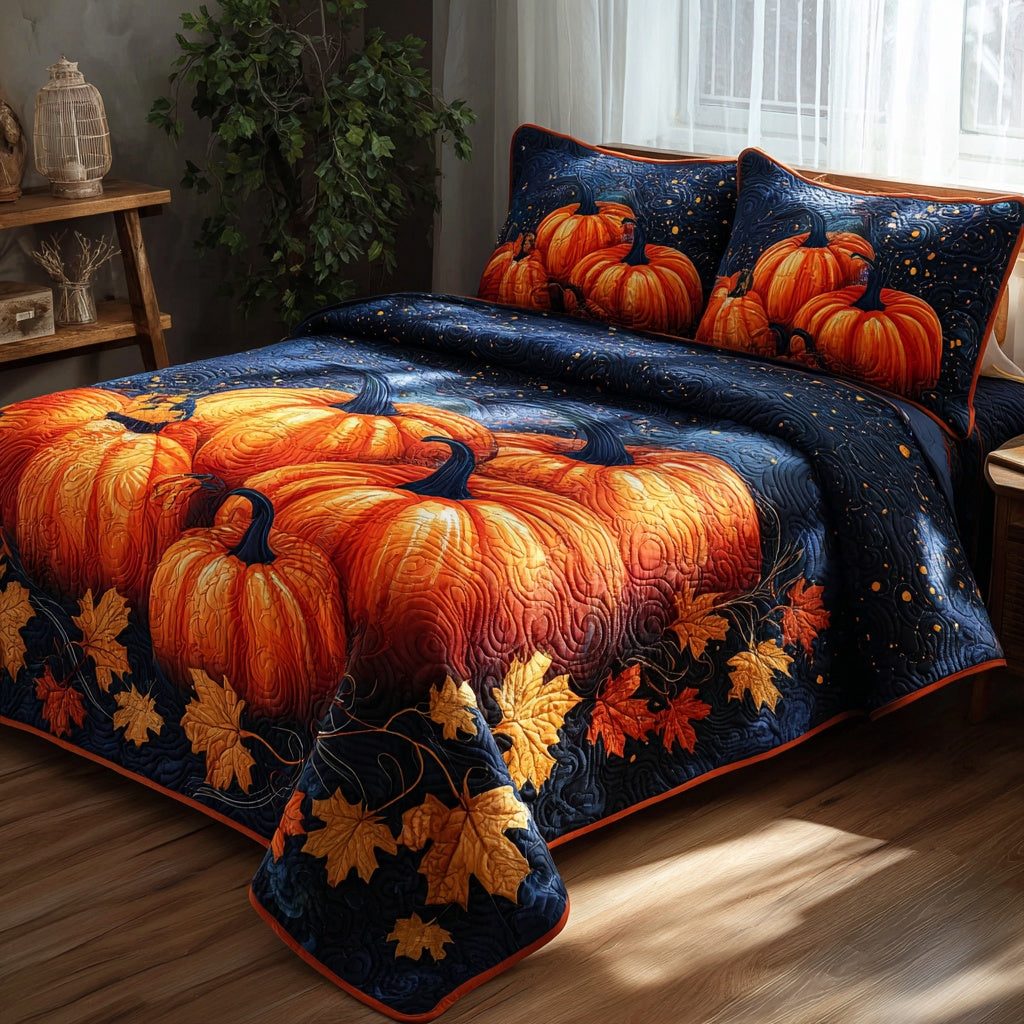 Glowing Pumpkins quilted 3-piece bedding set on a made bed against a dark styled interior