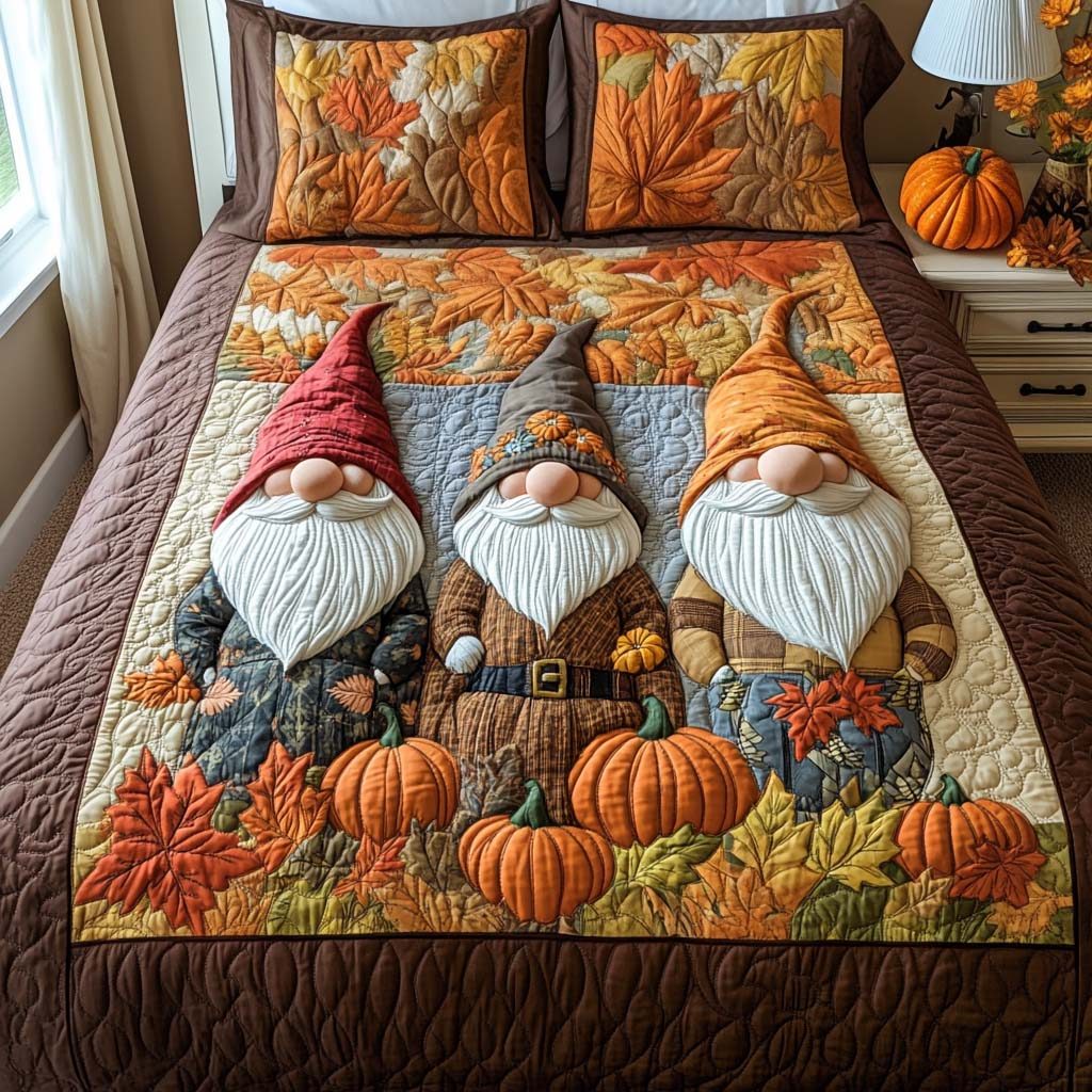 Gnome Autumn Soul quilted 3-piece bedding set on a made bed in a winter-styled bedroom