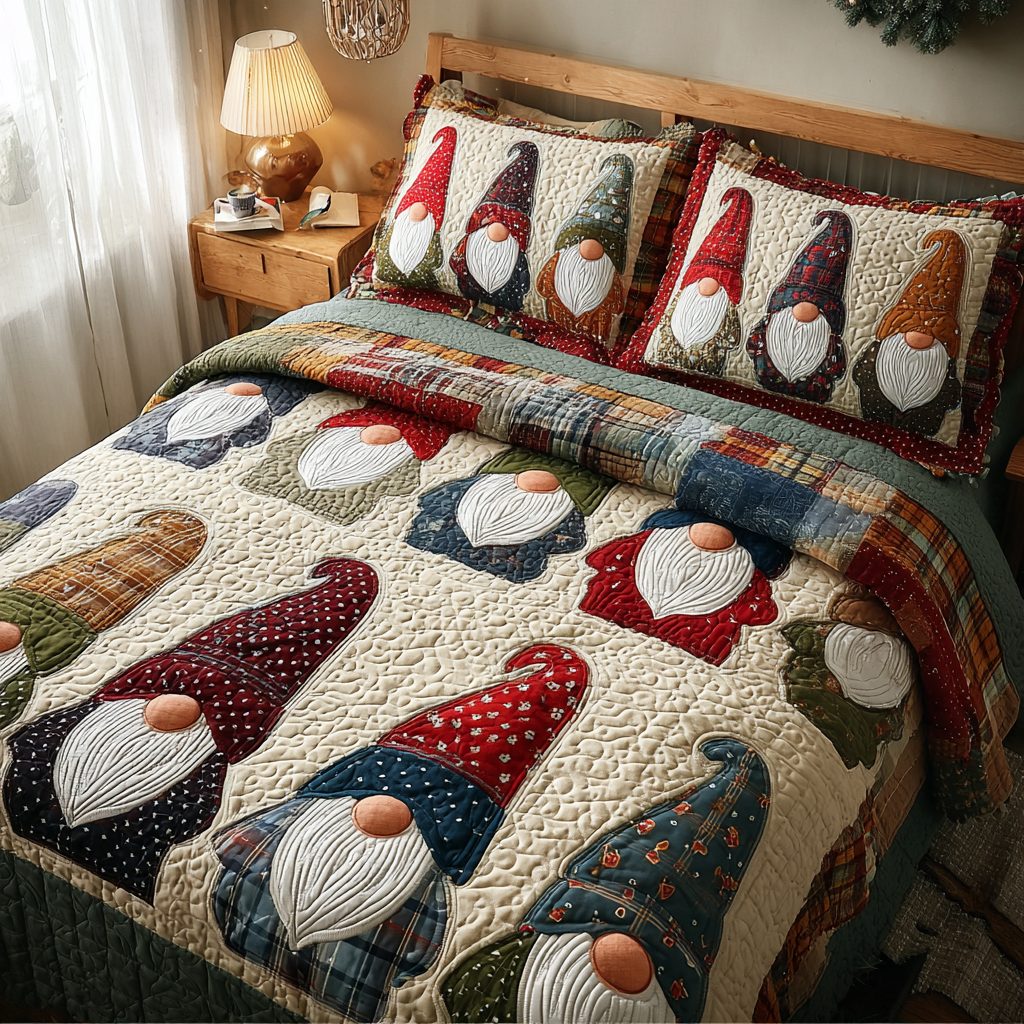 Gnome Charm quilted 3-piece bedding set on a made bed in a winter-styled bedroom