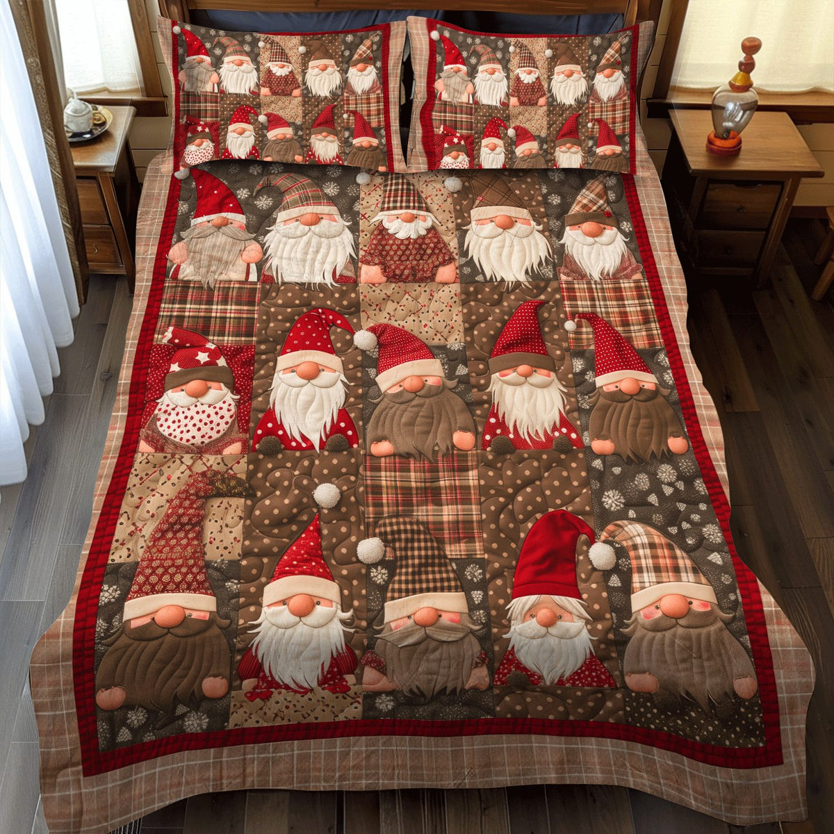 Gnome Cottage quilted 3-piece bedding set on a made bed in a winter-styled bedroom