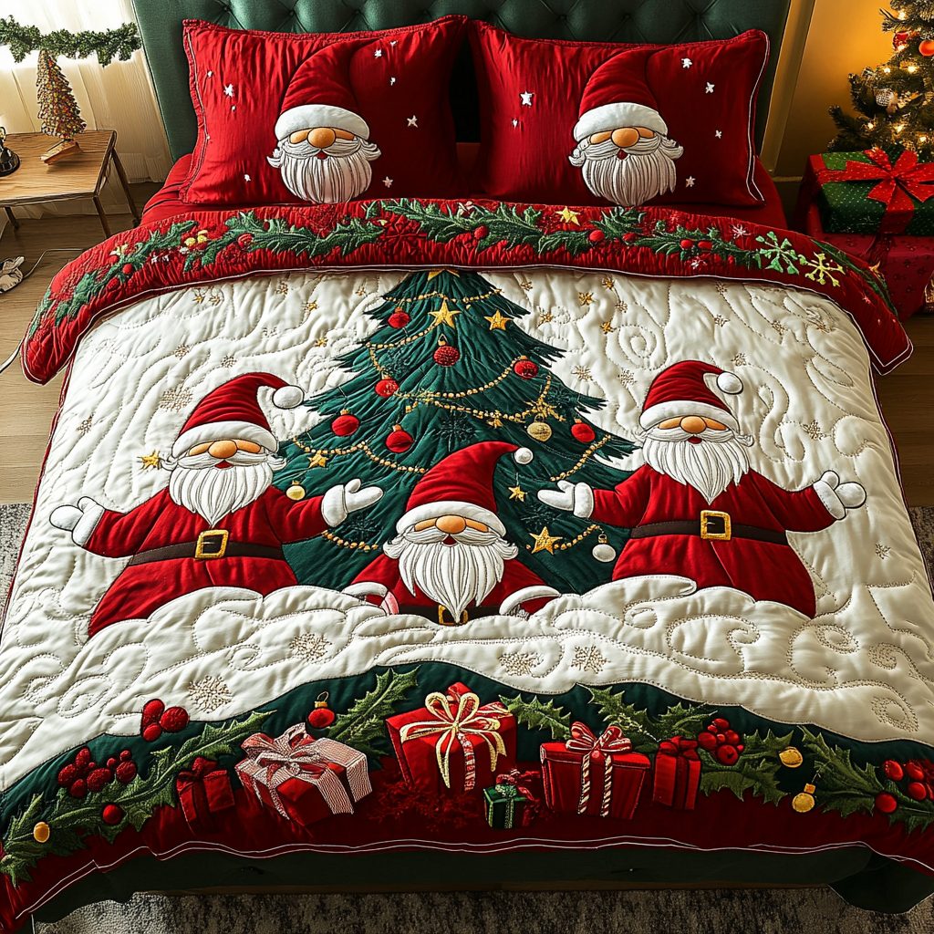 Gnome for the Holidays quilted 3-piece bedding set on a made bed in a winter-styled bedroom