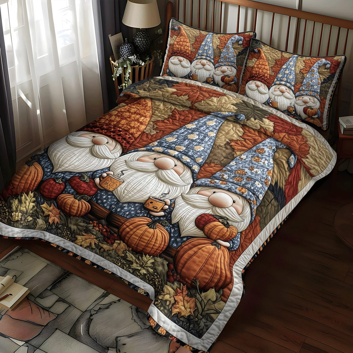 Gnome Harvest quilted 3-piece bedding set on a made bed in a winter-styled bedroom