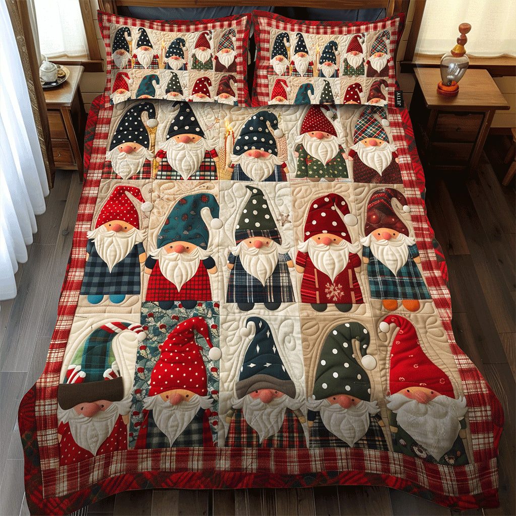 Gnome Huddle quilted 3-piece bedding set on a made bed in a winter-styled bedroom