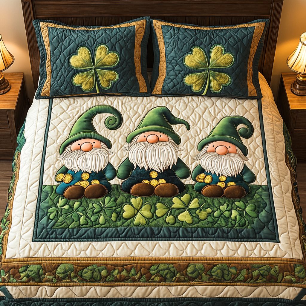 Gnome in Luckland quilted 3-piece bedding set on a made bed in a winter-styled bedroom