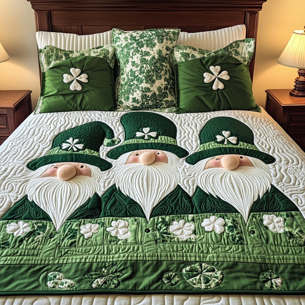 Gnome Luck quilted 3-piece bedding set on a made bed in a winter-styled bedroom