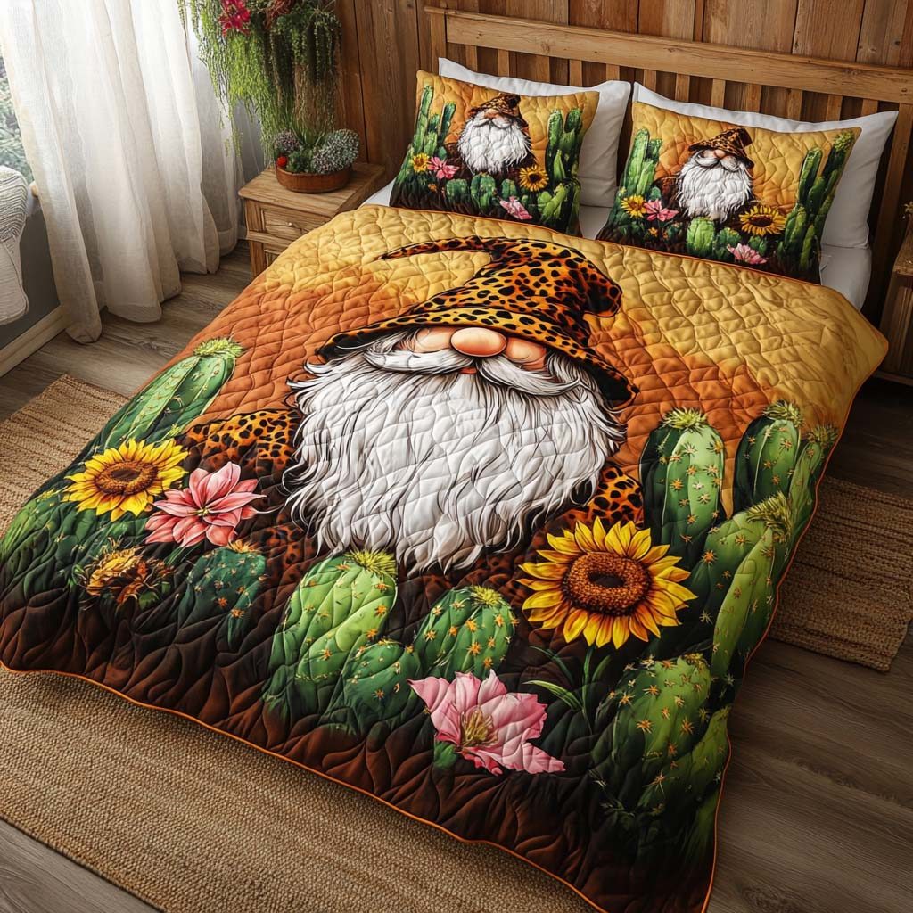 Gnome Meadow Joy quilted 3-piece bedding set on a made bed in a winter-styled bedroom