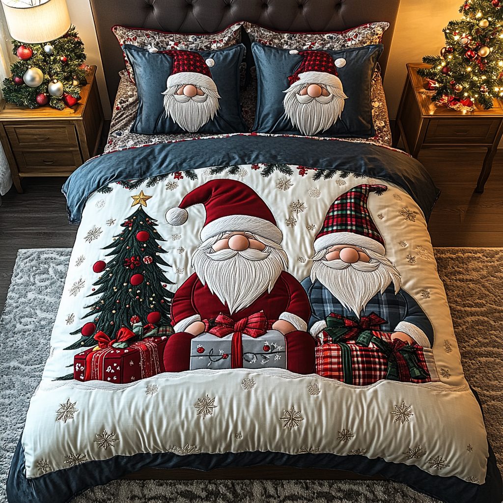 Gnome Noel quilted 3-piece bedding set on a made bed in a winter-styled bedroom