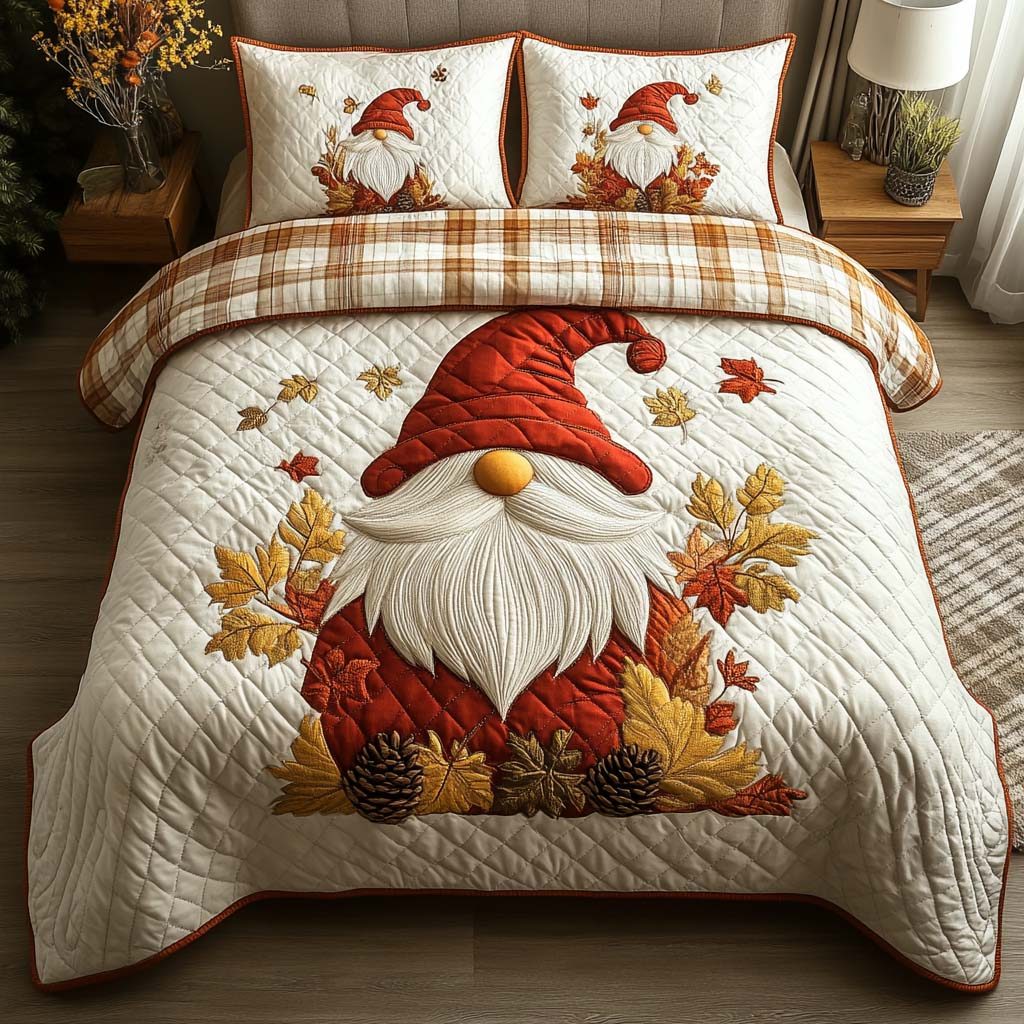 Gnome Parade quilted 3-piece bedding set on a made bed in a winter-styled bedroom