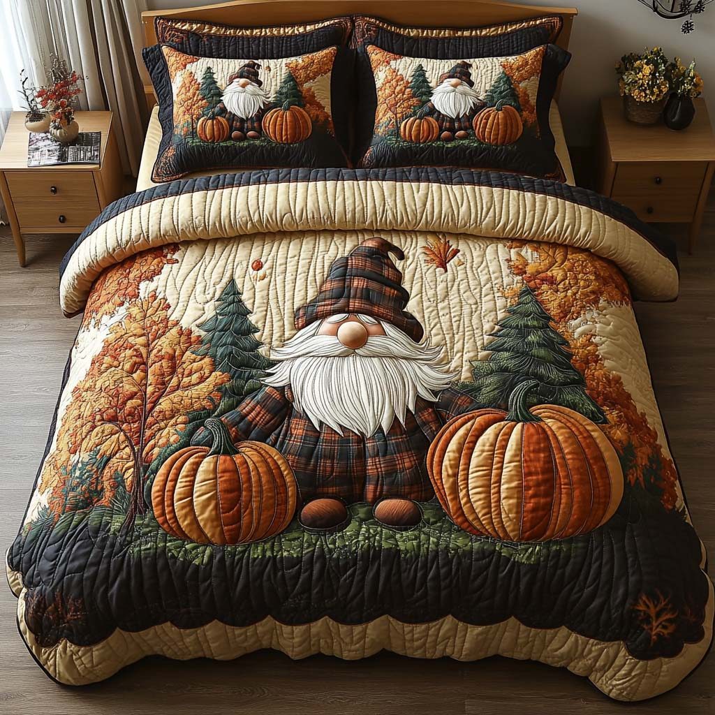 Gnome Pumpkin Patch quilted 3-piece bedding set on a made bed in a winter-styled bedroom