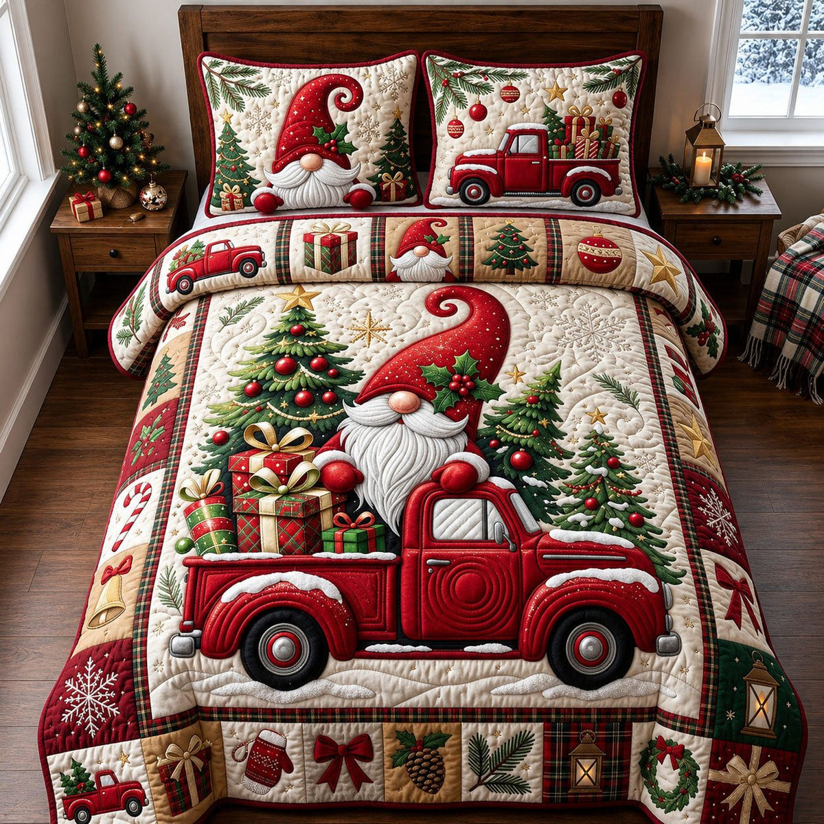 Gnome Red Truck quilted 3-piece bedding set on a made bed with two matching pillow shams