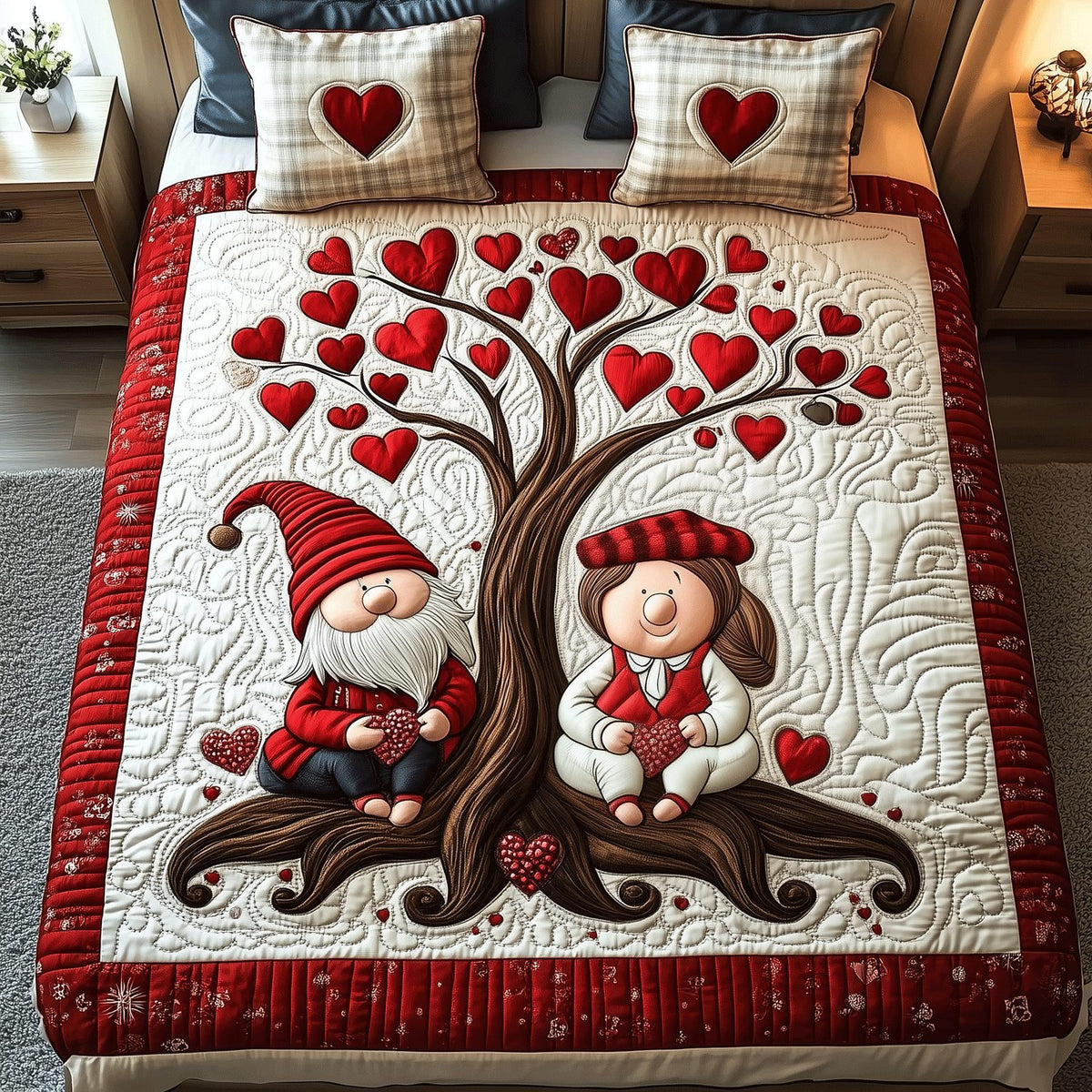 Gnome Sweet Gnome quilted 3-piece bedding set on a made bed in a winter-styled bedroom