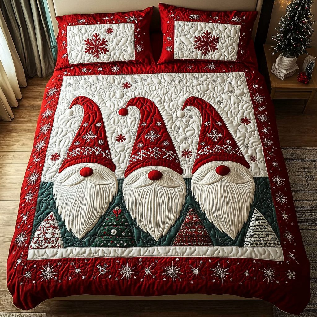 Gnome Tale quilted 3-piece bedding set on a made bed in a winter-styled bedroom