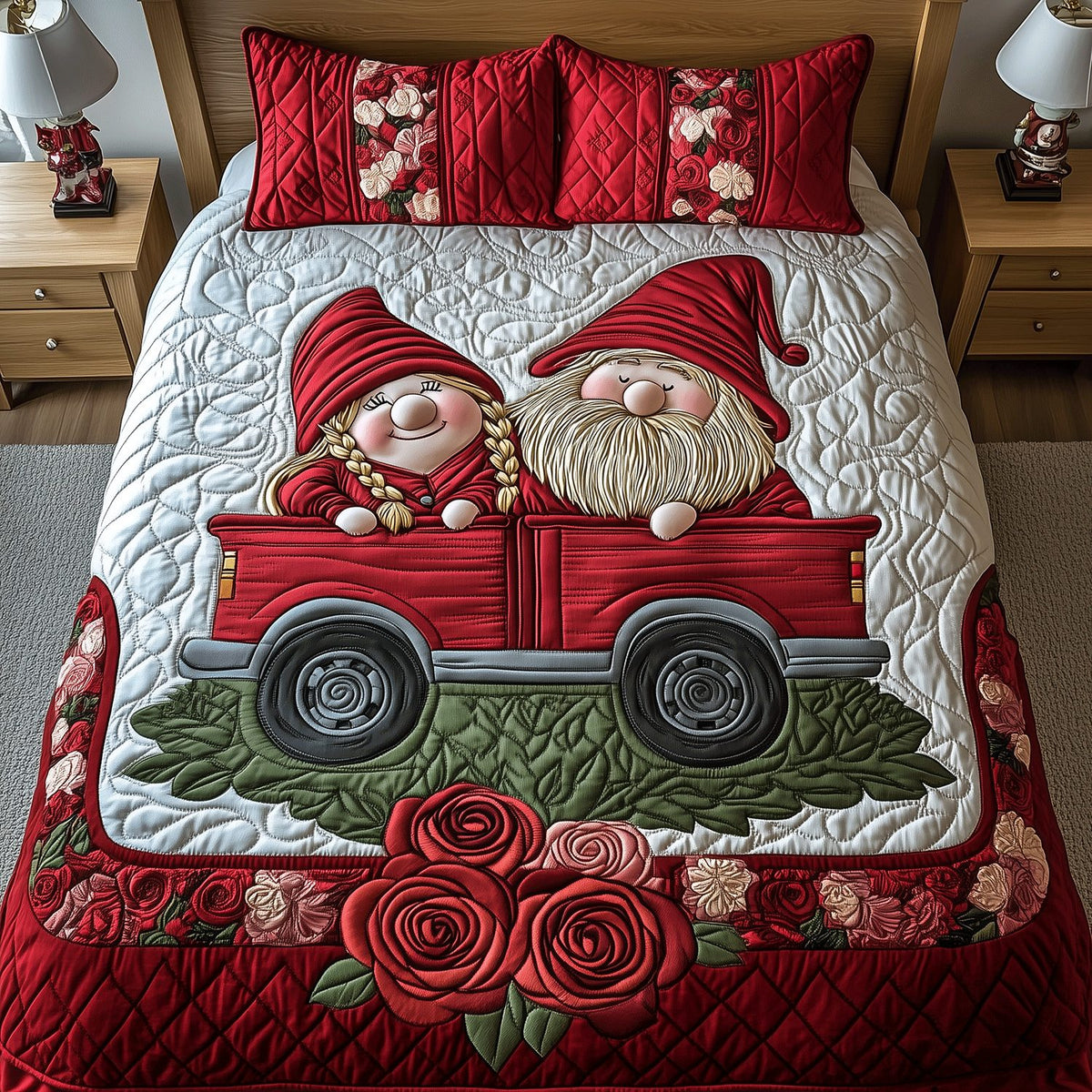 Gnome Truck Parade quilted 3-piece bedding set on a made bed in a winter-styled bedroom