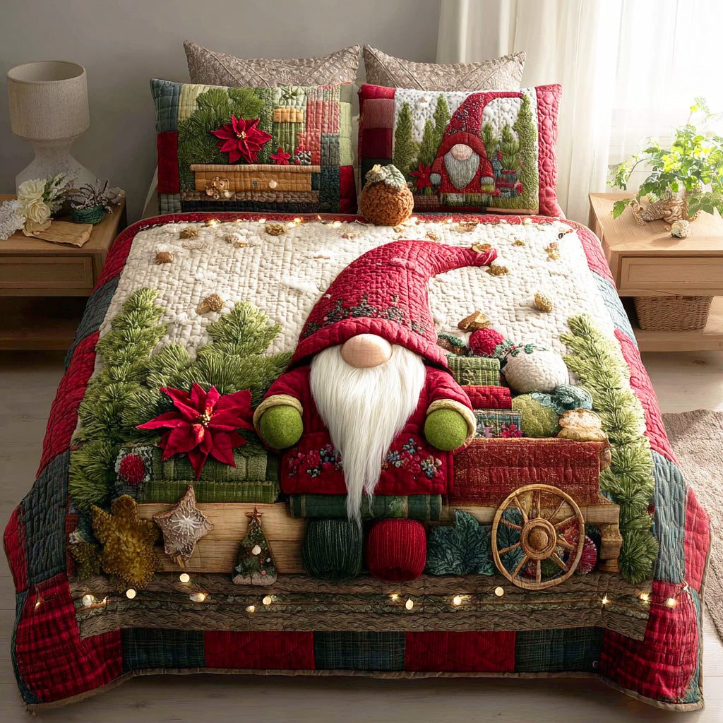 Gnome Wonderland Trail quilted 3-piece bedding set on a made bed in a winter-styled bedroom