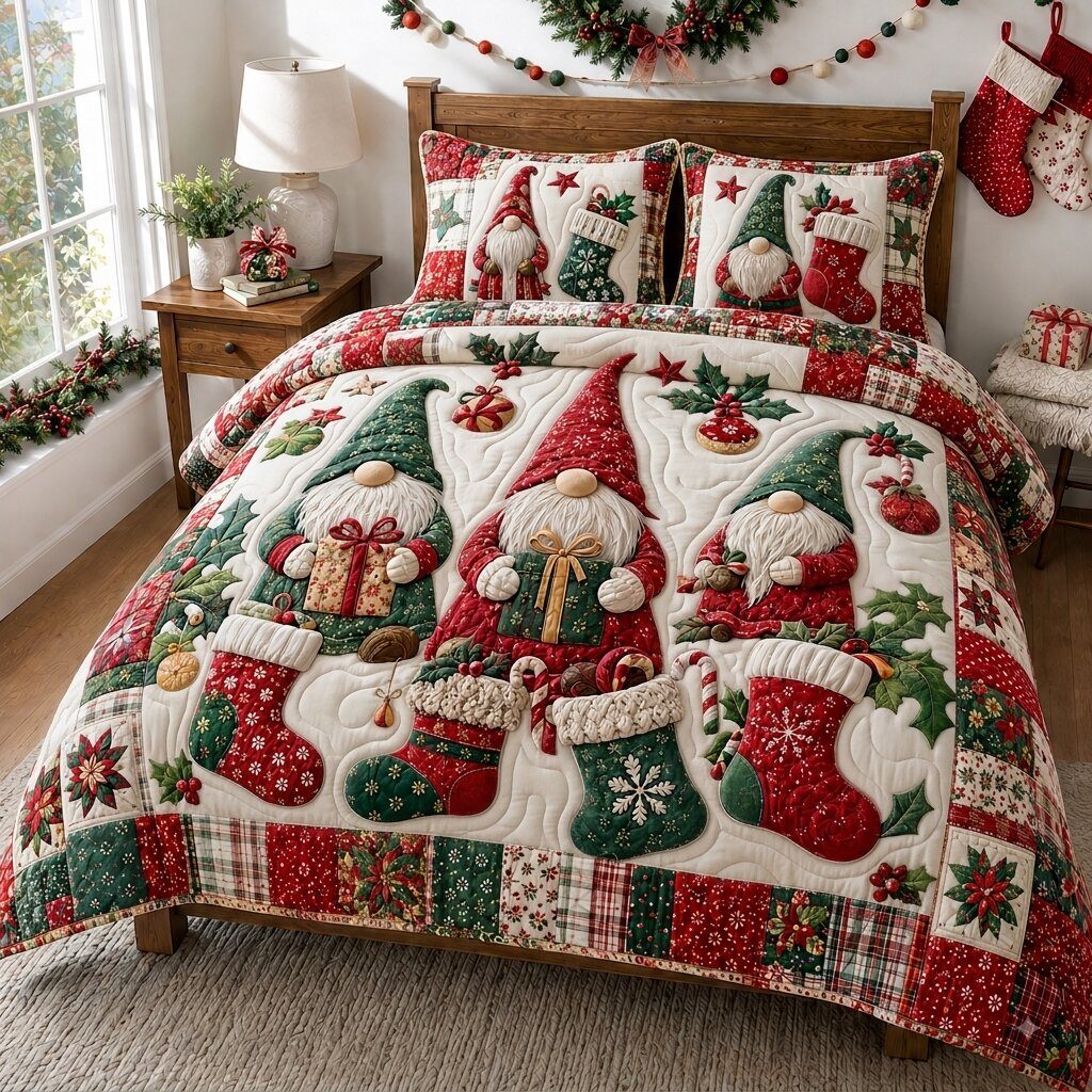 Gnomes Wonderland quilted 3-piece bedding set on a made bed with two matching pillow shams