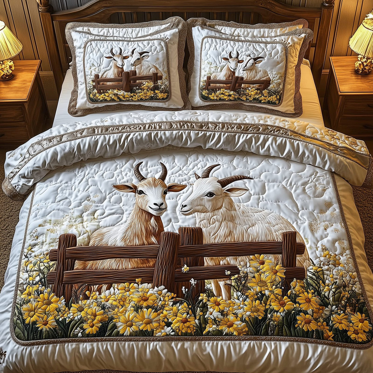 Goat Lover quilted 3-piece bedding set on a made bed with two matching pillow shams
