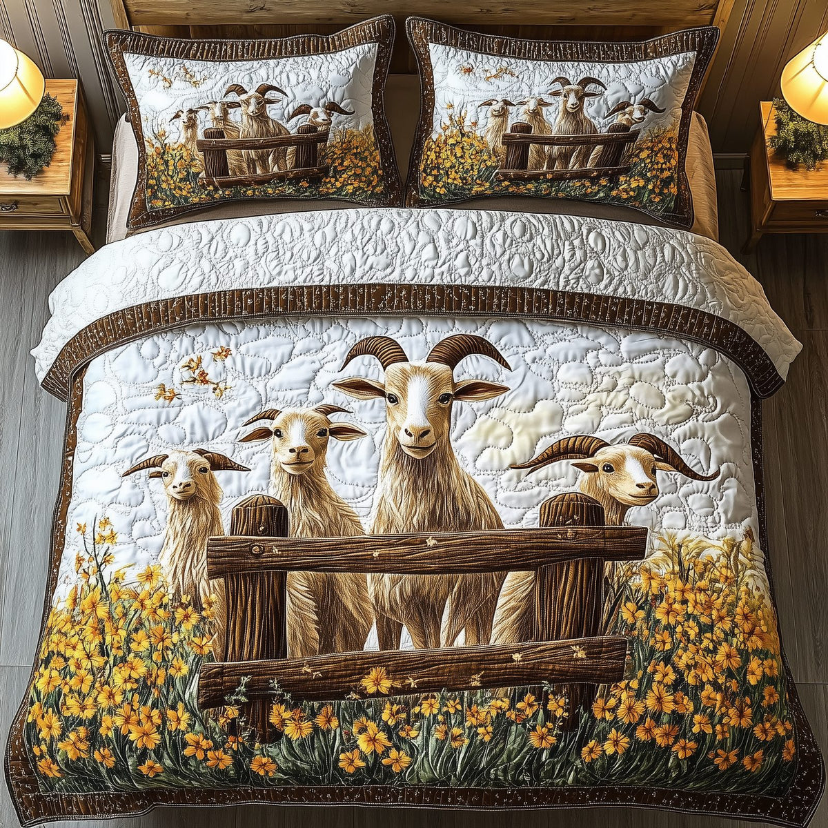 Goat Lover quilted 3-piece bedding set on a made bed with two matching pillow shams