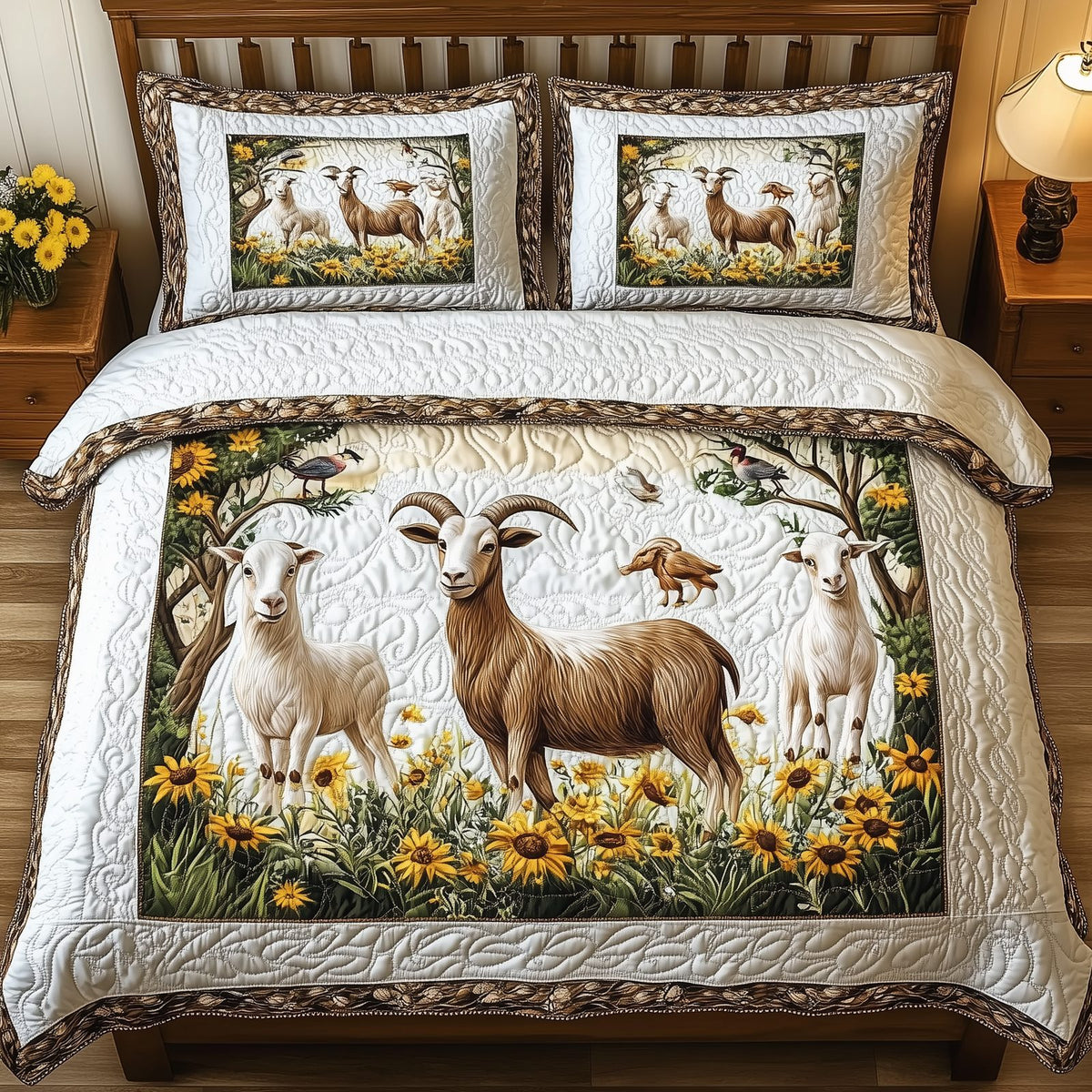 Goat Lover quilted 3-piece bedding set on a made bed with two matching pillow shams