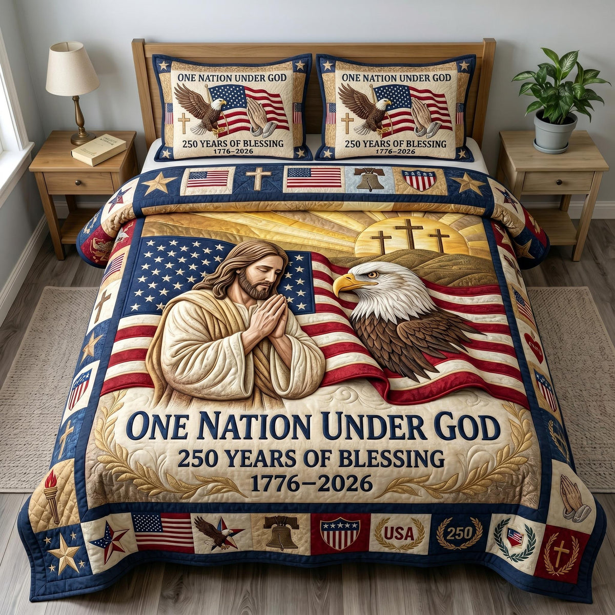 God Bless America quilted 3-piece bedding set on a made bed in a warmly lit bedroom