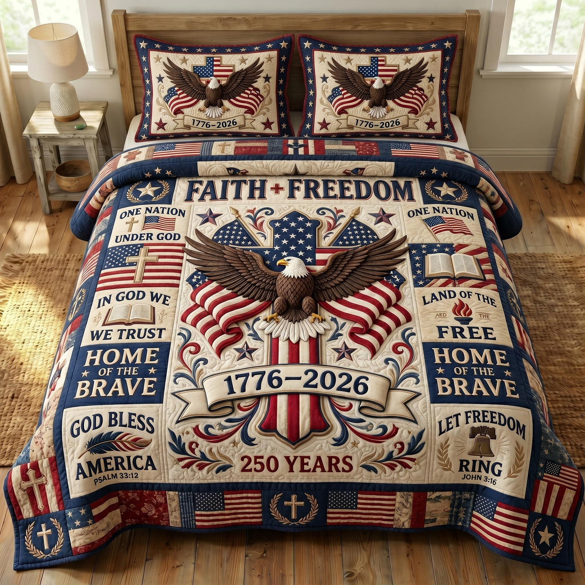 God Bless America quilted 3-piece bedding set on a made bed in a warmly lit bedroom