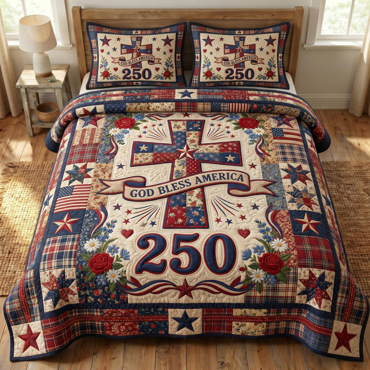 God Bless America quilted 3-piece bedding set on a made bed in a warmly lit bedroom