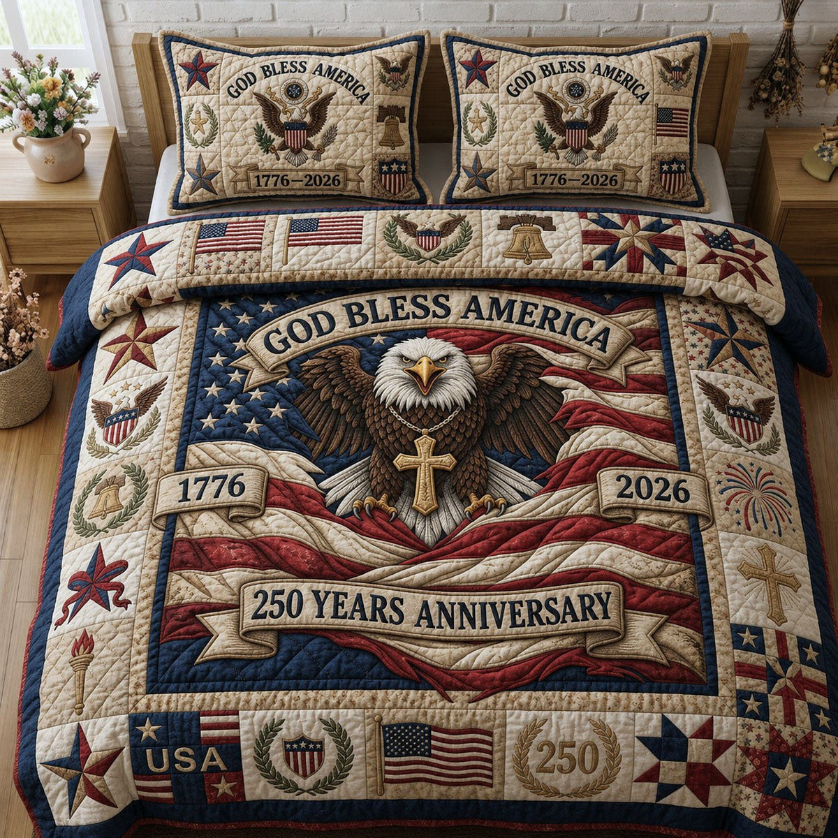 God Bless America quilted 3-piece bedding set on a made bed in a warmly lit bedroom