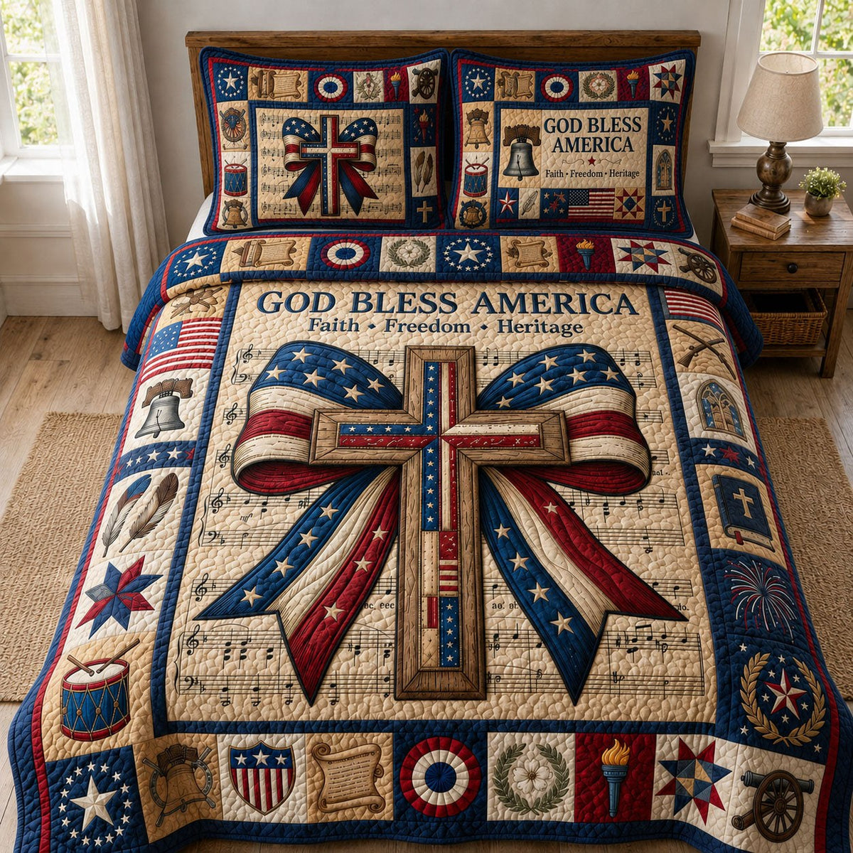 God Bless America quilted 3-piece bedding set on a made bed in a warmly lit bedroom