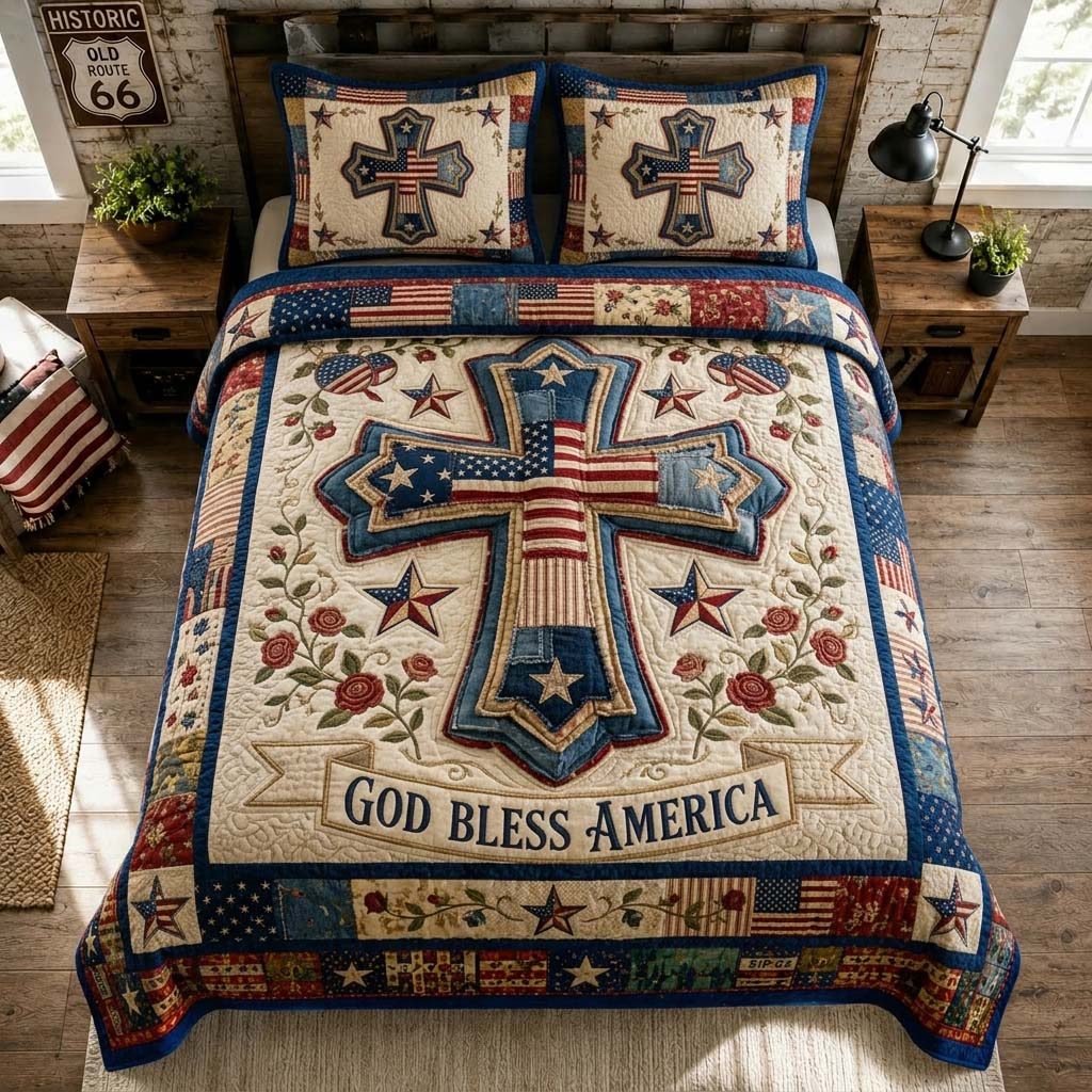 God Bless Americana quilted 3-piece bedding set on a made bed in a warmly lit bedroom