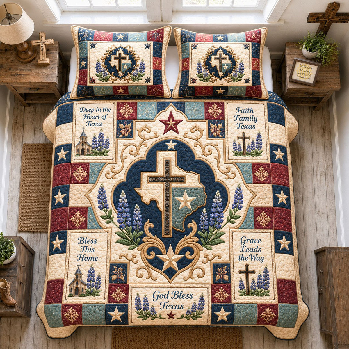 God Bless Texas Cross Medallion quilted 3-piece bedding set on a made bed in a softly lit bedroom