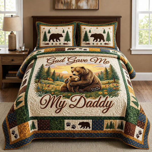 God Gave Me My Daddy quilted 3-piece bedding set on a made bed in a softly lit bedroom