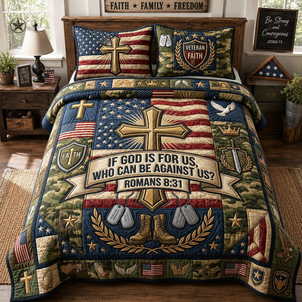God Is For Us quilted 3-piece bedding set on a made bed in a softly lit bedroom