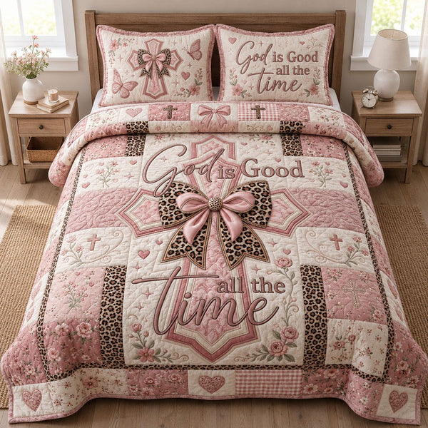 God Is Good quilted 3-piece bedding set on a made bed in a softly lit bedroom