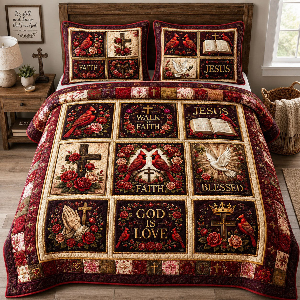 God Is Love Cardinals Rose Garden quilted 3-piece bedding set on a made bed in a softly lit bedroom