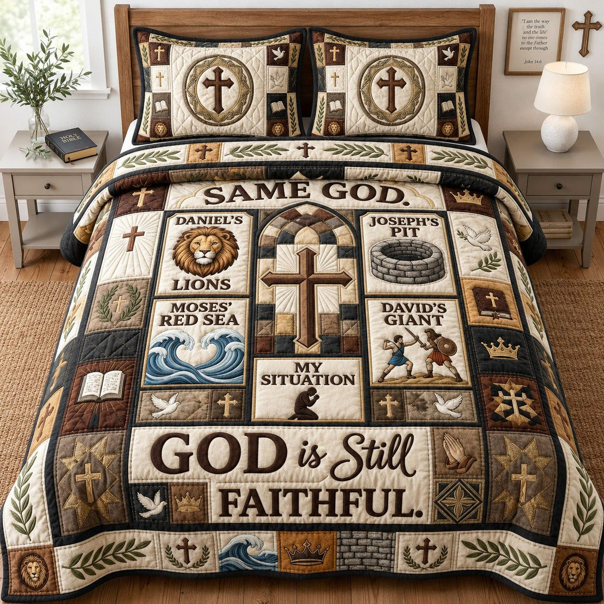 God Is Still Faithful quilted 3-piece bedding set on a made bed in a softly lit bedroom