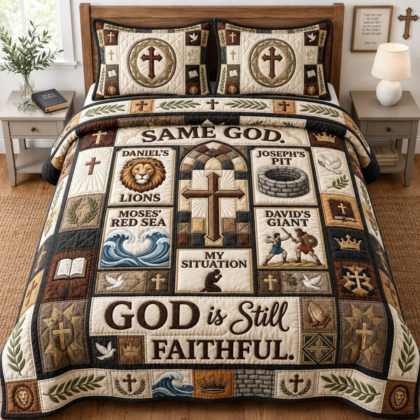 God Is Still Faithful quilted 3-piece bedding set on a made bed in a softly lit bedroom
